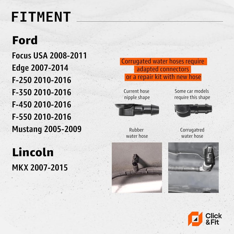 Click&Fit طقم إصلاح فوهات غسيل الزجاج الأمامي متوافق مع فورد فوكاس 2008-2011، إيدج، F-250 350 450، موستانج من 2008 إلى 2016 - فوهات المساحات تستبدل BC3Z17603A، صمامات فحص، خرطوم، موصلات - Image 2